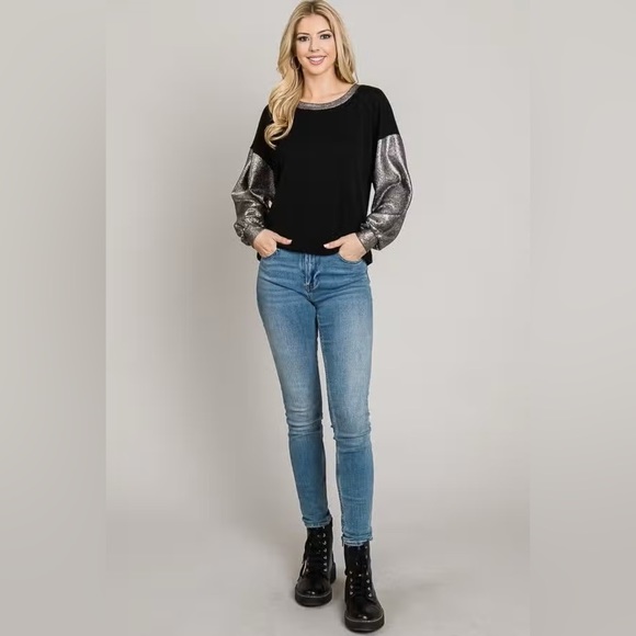 Cracked Metallic Long Sleeve Stretch Knit Top in Black - Picture 9 of 11